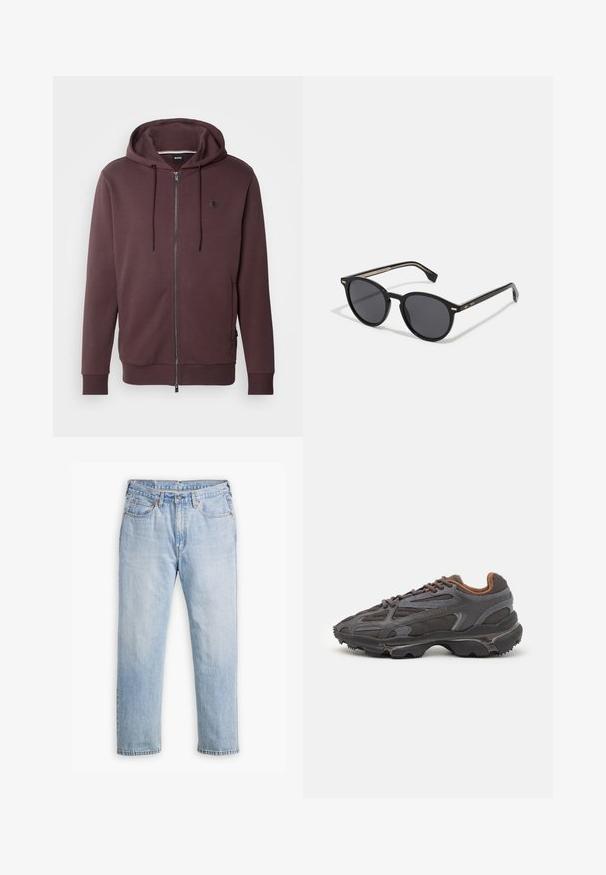 BOSS SPENCE - Jaka ar rāvējslēdzēju - open red; Melna garām piedurknēm t-krekls, izgatavots no kokvilnas, ar apaļu kakla izgriezumu un mazu zaļu izšūtu krokodila logo kreisajā krūtī.; Gaiši zili džinsi ar taisnu kāju dizainu, piecu kabatu stilu un kontrastējošu diegu. Pogas un rāvējslēdzēja aizdare jostasvietā.; Lacoste kedas tumši pelēkā krāsā ar acu audumu un sintētisko materiālu, ar teksturētu zoli un brūniem akcentiem apkaklītē un zīmola uzrakstā.; BOSS Saulesbrilles - black