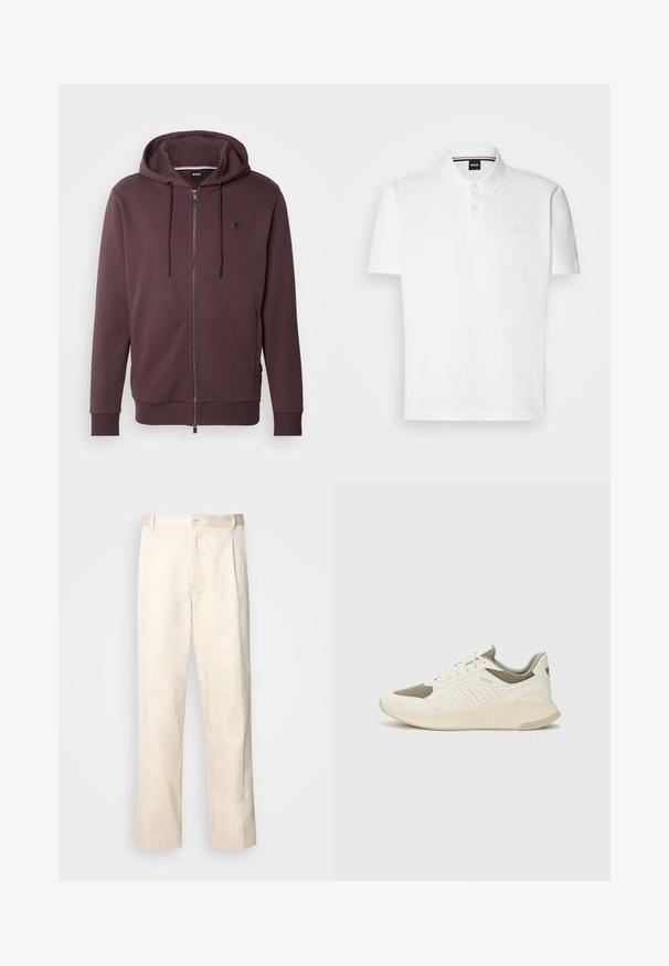BOSS SPENCE - Mikina so zipsom - open red; Biela polo tričko vyrobené z bavlneno-polyesterovej zmesi, s golierom, dvoma gombíkmi na prednej strane a jemne vyšitým logom na hrudi.; Béžové bavlnené nohavice so strihom rovného nohu, s gombíkovým zapínaním a záhybmi vpredu pre pridanie detailu.; Biele a svetlo béžové športové tenisky s hornou časťou z mriežkového materiálu, perforovanými detailmi a textúrovanou medzipodrážkou s logom na päte.