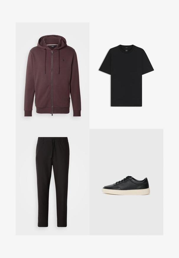 BOSS SPENCE - Felpa con zip - open red; Maglietta nera a maniche corte realizzata in un morbido misto cotone, con scollatura a girocollo e un design minimalista senza motivi o dettagli.; Pantaloni jogger neri realizzati in tessuto liscio. Presentano una vita elasticizzata con stringa, gambe affusolate e senza tasche visibili. Design semplice.; Sneaker in pelle nera a basso profilo con lacci neri e suola avorio, mostrato di profilo su sfondo bianco.