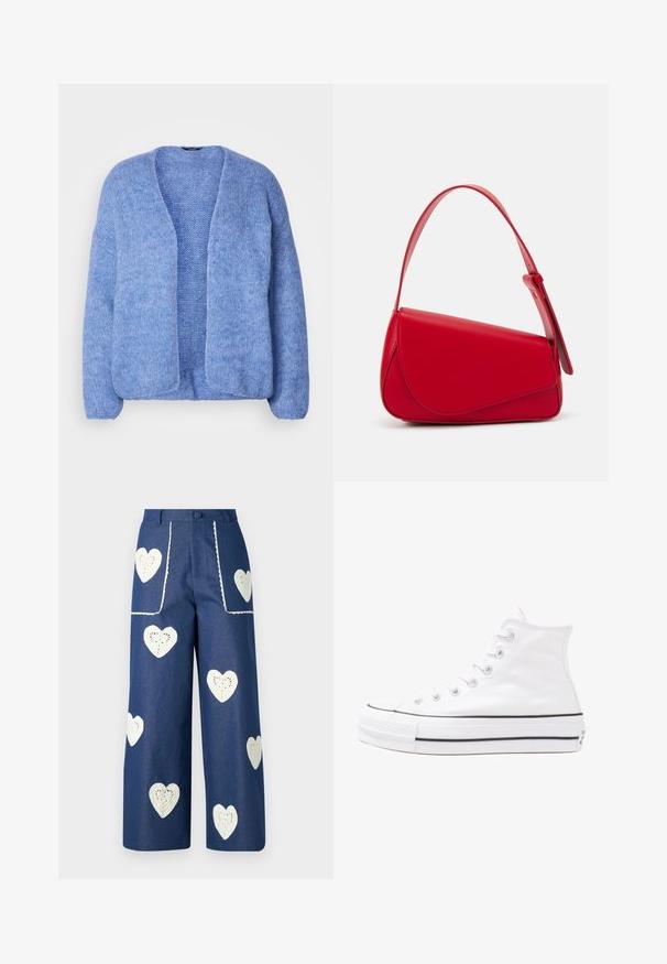 Lindex VANESSA - Kardigán - blue; Virágmintás blúz hosszú puffos ujjakkal, világos krém alapon, lila, narancs és zöld virágmintázattal, klasszikus gallér dizájnnal.; Sister Jane HEART TO HEART - Egyenes szárú farmer - blue denim; Fehér magaskorsó vászon sportcipő fekete gumi talppal, elülső gumi orrnyereggel és hat fűzőlyukkal, letisztult, minimalista dizájnnal.; Piros bőr kézitáska szögletes, geometrikus kialakítással. Egy állítható pánttal és varrott részletekkel ellátott fedélzárral rendelkezik.