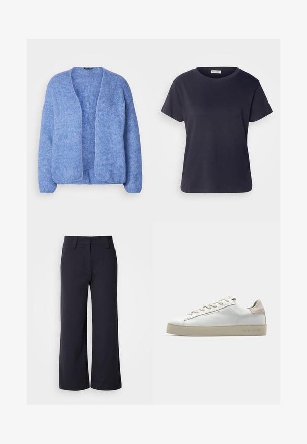 Lindex VANESSA - Jopica - blue; Mornarsko modra bombažna majica s krožno ovratnikom, kratkimi rokavi in sproščenim krojem. Gladka tekstura in minimalistična zasnova, brez vidnih vzorcev.; Široke hlače iz temno modrega blaga. Imajo raven sprednji del, obrobo za pas in stranske žepke. Material je gladek z rahlo elastičnostjo.; Bela usnjena športna obutev z gladko površino, bež semiš detajli, okroglo prst, ravna vezna zasnova in teksturiran gumijast podplat.
