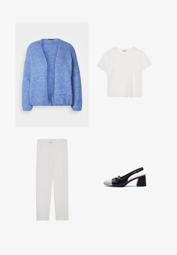 Lindex VANESSA - Vest - blue; Witte T-shirt met korte mouwen, gemaakt van zachte katoen. Heeft een ronde halslijn en een relaxte pasvorm. Schoon ontwerp zonder zichtbare patronen of accenten.; Witte, op maat gemaakte broek met een rechte pijpdesign, featuring een knoopsluiting, riemlussen en zijzakken; gladde stoftextuur.; Slingback schoen met een zwart leren bovenkant, witte patenten leren neuskap, 6,5 cm blokhak en verstelbare enkelband.