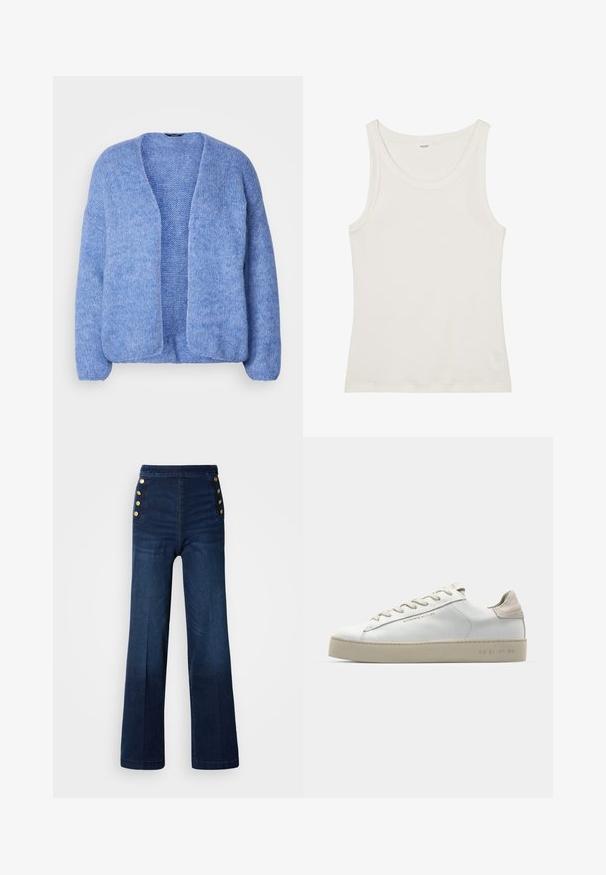 Lindex CARDIGAN VANESSA - Kardigán - blue; Biely bavlnený tielko s širokým výstrihom a tenkými ramienkami. Hladká textúra bez viditeľných vzorov alebo ozdôb.; Tmavo modré denimové nohavice s širokými nohavicami, vysokým pásom, zlatými gombíkovými akcentmi po stranách a hladkou textúrou so subtílnym vyblednutím.; Biele kožené tenisky s hladkým povrchom, béžové sametové akcenty, okrúly špička, plochý dizajn na šnurovanie a štruktúrovaná gumová podrážka.