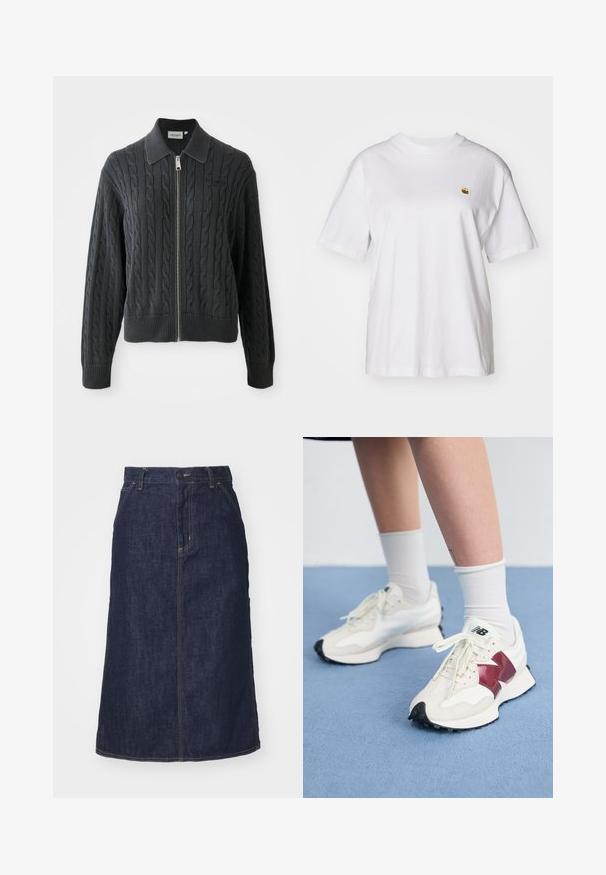 Temno siv pulover na zadrgo s vzorcem pletenice, ovratnim dizajnom ter rebrastimi manšetami in robom. Zadrga je srebrne barve.; Bela bombažna majica s sproščenim krojem, kratkimi rokavi in majhnim vezenim logotipom na levi strani prsnega predela.; Temna denim krila z visokim pasom, ravnega kroja, sprednjimi žepi in šivanimi šivi. Ima zadrgo in gumb za zapiranje na pasu.; Par belih športnih copat z maroon detajli, teksturiranimi paneli, ravnim črnim podplatom in svetlim vezalkami, obutih z belimi gležnjarji.