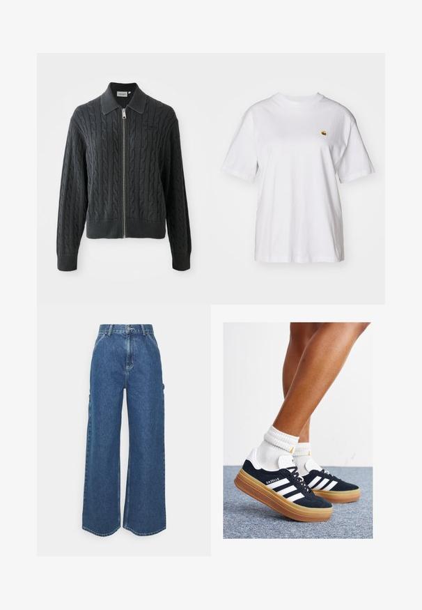 Tamsiai pilkas zip-up megztinis su pynimo raštu, apykaklės dizainu ir suspaustomis rankogaliais bei apatine dalimi. Yra sidabrinė užtrauktuko uždarymo sistema.; Balta medvilnė marškinėliai su laisvu sijonu, trumpomis rankovėmis ir maža siuvinėta logo kairėje krūtinės pusėje.; Plačios mėlynos džinsinės kelnes su aukštu juosmeniu, kontrastingais siūlais ir šoninėmis kišenėmis, turinčios klasikinį penkių kišenių dizainą ir brutalius kraštus.; Juodi zomšiniai sportbačiai su baltais dryžiais ir akcentais, apvalios nosies, guminio, gumos pado, derinami su baltais raitytais vidutinio ilgio kojinaitėmis.