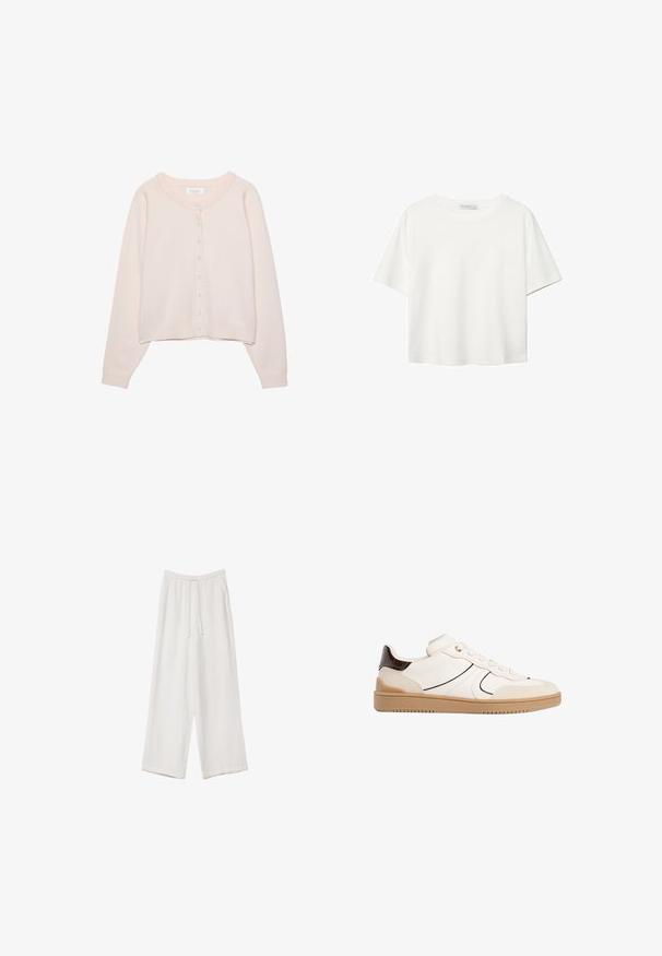 Helles rosa Cardigan aus weichem Material, mit rundem Ausschnitt, langen Ärmeln und einer durchgehenden Knopfleiste mit passenden Knöpfen.; Weißes T-Shirt mit kurzen Ärmeln aus Baumwolle. Hat einen Rundhalsausschnitt und eine lockere Passform. Glatte Textur ohne sichtbare Muster oder Akzente.; Weiße weit geschnittene Hose aus leichtem Stoff. Mit einem elastischen Bund und Kordelzug sowie Seitentaschen. Glatte Textur.; Stradivarius Sneaker low - white