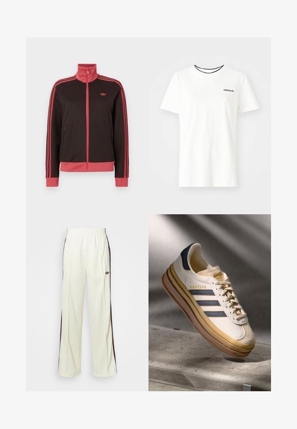 Black athletic jacket with a high collar, pink accents, two side pockets, and three pink stripes on each sleeve. Small logo on chest.; White cotton t-shirt with short sleeves and a round neckline. Features a black Adidas logo on the chest and a contrasting black inner collar.; Cream-colored sweatpants with a relaxed fit, featuring dark brown side stripes and an embroidered logo on the left thigh.; Adidas Gazelle sneaker featuring a cream suede upper, blue leather accents, three blue stripes, beige midsole, and brown rubber outsole.
