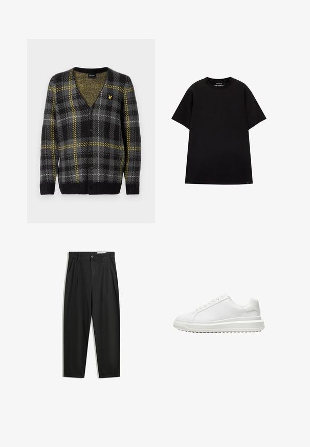 Fekete és szürke kockás kardigán sárga részletekkel, V-nyakkivágással, texturált kötött anyagból, és öt gombbal elöl. Kis logó a mellkason.; PULL&BEAR JOIN LIFE - Basic póló - black; Fekete pamut nadrág laza szabással, klasszikus derékrésszel, elülső hajtásokkal és oldalsó zsebekkel. Simább textúra minta nélkül.; Fehér edzőcipő sima szintetikus felsőrész, kerek orr, lapos fűzők, texturált talp és réteges, platform dizájn a magasabb megjelenés érdekében.