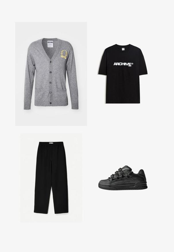Sivi kardigan od mekog pletenog materijala, s V-izrezom, dugim rukavima, zlatnim izvezenim grbom, kopčanjem na dugmad i prednjim džepovima.; Crna pamučna majica s bijelim 'ARCHIVE inc.' logotipom preko prsa, kratkim rukavima i okruglim izrezom.; Crne hlače širokih nogavica izrađene od laganog materijala. Imaju elastičnu traku u struku i glatku teksturu. Nema vidljivih uzoraka niti hardvera.; Crne tenisice s glatkom kožnom gornjom površinom, teksturiranim detaljima i okruglim crnim i bijelim vezicama. Debeli gumeni potplat s uzorkom.