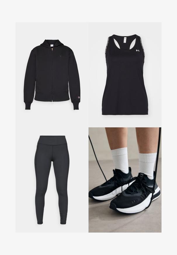 Čierna mikina na zips vyrobená z bavlneného zmesi. Obsahuje predný zips, klokanie vrecká, rebrované manžety a vyšívané logo na ľavej hrudi.; Čierny športový top bez rukávov s okrúhlym výstrihom a pretekárskym strihom na chrbte. Obsahuje logo a vzorované ramienka. Vyrobený z ľahkého a priedušného materiálu.; Čierne legíny vyrobené z elastického materiálu, s vysokým pásom, elegantným dizajnom a pruhovanými akcentmi pri členku.; Čierne športové topánky s textúrovanou tkaninou, bielou podrážkou a čiernymi šnúrkami. Nosené s bielymi rebrovanými ponožkami, postavené na svetlom povrchu.