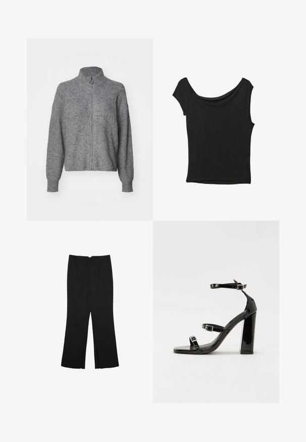 Grijze gebreide trui met een hoge kraag, volledige ritssluiting aan de voorkant, lange mouwen en een gestructureerde afwerking. Eenvoudig ontwerp zonder patronen of versieringen.; Zwart korte mouwen top gemaakt van een gladde stof; met een gedrapeerde halslijn en een asymmetrische zoom, met een getailleerd lijfje.; Zwarte broek met een rechte pasvorm, voorzien van zijzakken en plooien aan de onderzijde. Gemaakt van zachte, gladde stof. Geschikt voor verschillende gelegenheden.; Zwarte gepatenteerde sandalen met hak en een vierkante neus, enkelbandjes en zilveren gespen. Heeft een stevige blokhak voor stabiliteit.