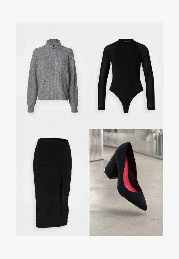 Grauer Strickpullover mit hohem Kragen, durchgehendem Reißverschluss, langen Ärmeln und einer strukturierten Oberfläche. Einfaches Design ohne Muster oder Verzierungen.; Schwarzer Langarm-Body mit hohem Kragen, bestehend aus festem Stoff im Torso und transparenten Netzärmel, entworfen in einer körperbetonten Form.; Schwarzer, geraffter Bleistiftrock mit Bindegürtel und seitlichem Schlitz. Hergestellt aus einem dehnbaren Stoff, mit glatter Textur und figurschmeichelndem Design.; Schwarzer High Heel Schuh mit spitzer Zehe, strukturiertem Obermaterial und lebhaftem pinken Innenraum. Verfügt über einen dicken Absatz mit silberner Akzentuierung.