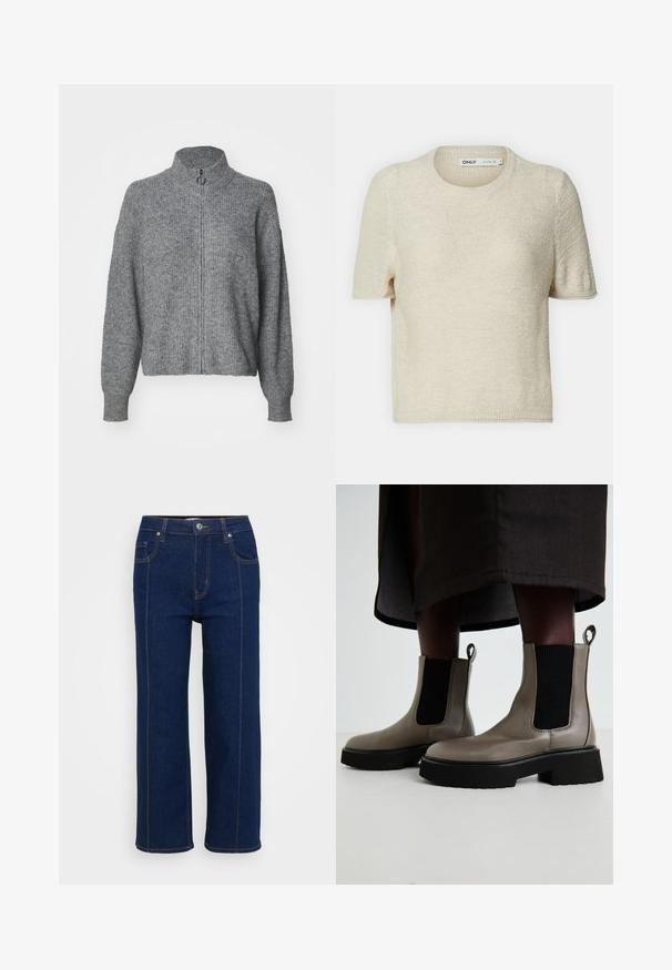Grå strikkegenser med høy krage, hel glidelås foran, lange ermer og teksturert overflate. Enkelt design uten mønstre eller utsmykninger.; Beige kortermet strikket genser med rund hals, med et strukturert mønster og en avslappet passform. Laget av lett stoff.; Mørkeblå rette jeans med knappelukking, front- og baklommer, og synlig oransjefargede sømmer langs sømmene.; Grå ankelstøvler laget av teksturert lær med elastiske sidepaneler og en kraftig svart såle. Har trekksløyfer for enkel påkledning.