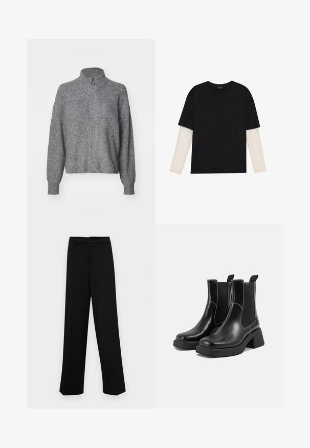 Šedý pletený sveter s vysokým golierom, plným predným zipsom, dlhými rukávmi a textúrovaným povrchom. Jednoduchý dizajn bez vzorov alebo ozdôb.; Čierne tričko z bavlny, s krátkymi rukávmi cez biele tričko s dlhým rukávom, s jemným textúrovaným vzorom. Design s okrúhlym výstrihom.; Čierne široké nohavice vyrobené z hladkej látky, s klasickým pásom a zapínaním na gombík, a prednými skladmi.; Čierne kožené Chelsea čižmy s robustným podpätkom, elastickými bočnými panelmi a kontrastným bielym prešívaním. Textúrovaný povrch.