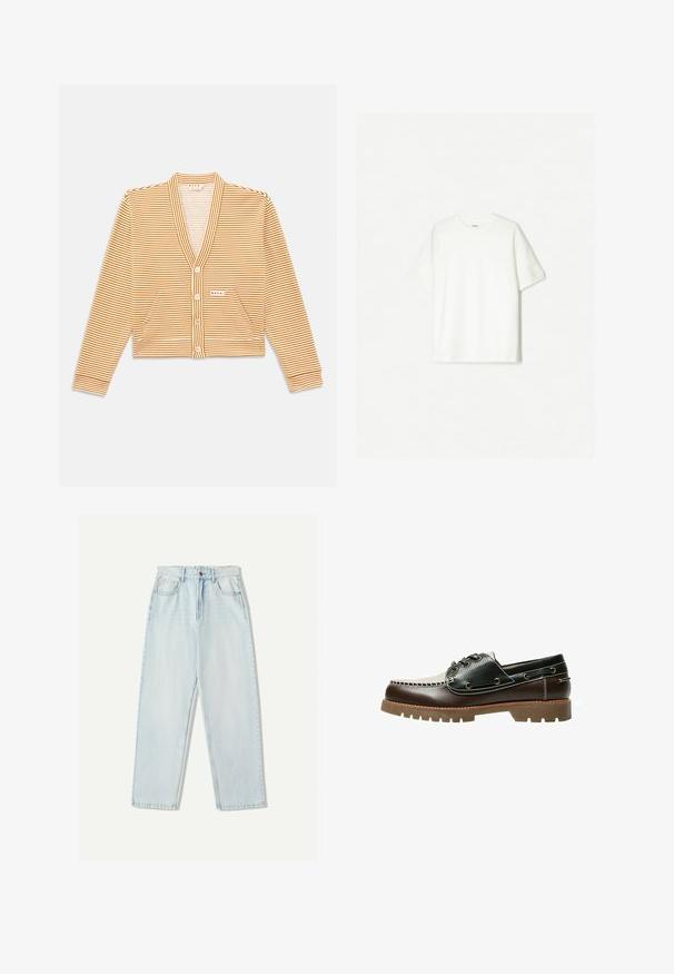 Zkrátený kardigan s oranžovými a bielymi pruhmi, s dlhými rukávmi, V-výstrihom, predným zapínaním na gombíky a dvoma prednými vreckami.; Biele tričko s krátkym rukávom vyrobené z mäkkého bavlneného materiálu. S dizajnom s okrúhlym výstrihom, vo voľnom strihu, bez viditeľných log či vzorov.; Svetlo modré džínsy s uvoľneným strihom, rovnými nohavicami, piatimi vreckami a jemným vyblednutím látky.; Hnedé a čierne kožené topánky typu boat s šnurovaním, kontrastným prešívaním a textúrovanou gumovou podrážkou. Majú kovové očká na šnúrky a zaoblenú špičku.