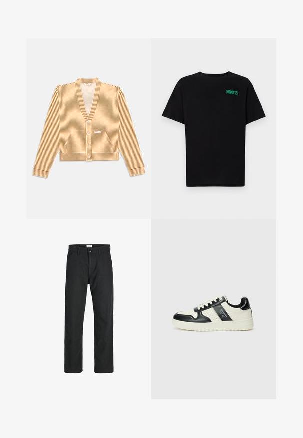 Kort cardigan i orange och vita ränder, med långa ärmar, V-ringning, knäppning framtill och två framfickor.; Svart t-shirt i bomull med korta ärmar. Har en grön "ROOTS" logotyp på framsidan, rund halsringning och standard passform.; Svarta byxor i slitstarkt tyg, med rak bendesign, stickade detaljer och två framfickor för funktionalitet.; Läder sneakers med en svart och krämfärgad färgsättning, med perforerade detaljer, en vadderad krage och en strukturerad yttersula.