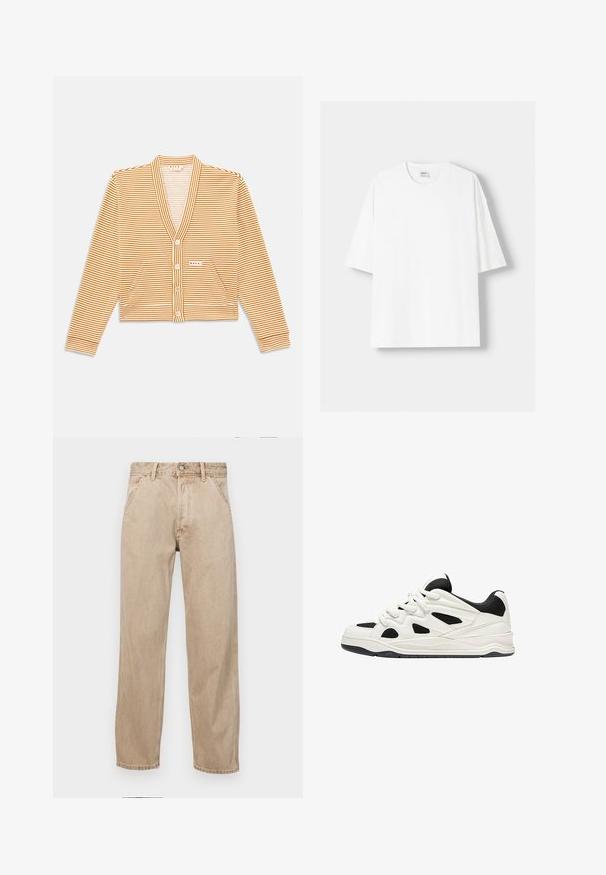 Lyhyt neuletakki oranssivalkoisilla raitakuosisilla, jossa on pitkät hihat, V-pääntie, napitus edessä ja kaksi etutaskua.; Valkoinen lyhythihainen t-paita, joka on valmistettu puuvillasta, ominaisuutenaan pyöreä pääntie ja rento istuvuus. Sileä pinta, ilman näkyviä kuvioita tai yksityiskohtia.; Beige farkkuhousut suoranlahkeisella muotoilulla, joissa on etutaskut, metallinen nappisulku ja hillitty rakenne.; Valkoiset ja mustat urheilukengät, joissa on teksturoitu pohja, sivuilla leikkauksia ja nauhoja, sekä pehmustettu takapohja tuen tarjoamiseksi.