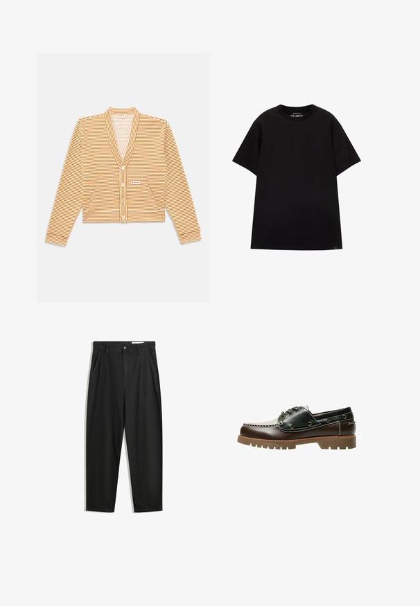 Zkrácený kardigan v oranžových a bílých pruzích, s dlouhými rukávy, V-krkem, zapínáním na knoflíky a dvěma předními kapsami.; PULL&BEAR JOIN LIFE - Jednoduché tričko - black; Černé bavlněné kalhoty s uvolněným střihem, klasickým pasem, předními záhyby a bočními kapsami. Hladká textura bez vzorů.; Hnědá a černá kožená loďková obuv se šněrováním, kontrastním prošíváním a texturovanou gumovou podrážkou. Má kovové očky a zaoblenou špičku.