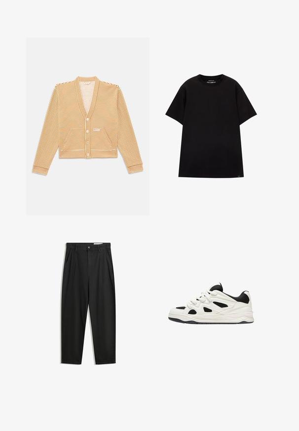 Kratka jopica v oranžno-belem stripu, z dolgimi rokavi, V-izrezom, gumbnim zapiranjem in dvema sprednjima žepoma.; PULL&BEAR JOIN LIFE - Navadna majica - black; Črne bombažne hlače s sproščenim krojem, ki vključujejo klasičen pas, sprednje gube in stranske žepke. Gladka tekstura brez vzorcev.; Bele in črne športne čevlje z teksturiranim podplatom, ki vsebujejo izrezljane vzorce na straneh in vezalkah ter oblazinjeno zadnjo stran za podporo.