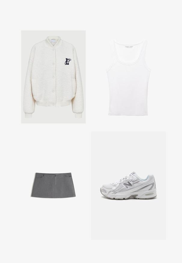 Hvid fleece bomberjakke med rund hals, frontknapper, to sidelommer og et marineblåt broderet logo på brystet.; PULL&BEAR Top - white; Grå nederdel med lige snit, to forlommer, frontlukning med knap og et subtilt mønster.; Hvide sportsko med mesh-overdel, reflekterende accenter og polstret sål. Har en afrundet tå og snøresystem for sikker pasform.