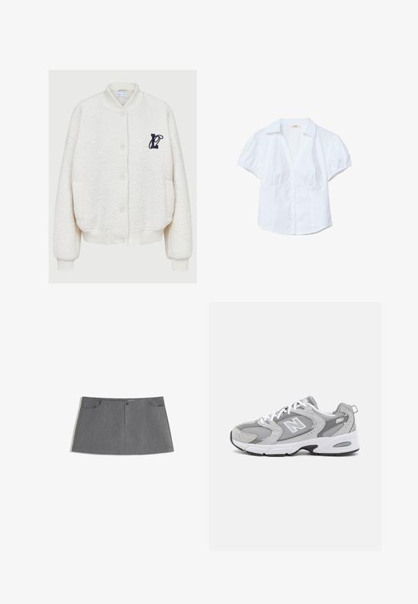 Bílá fleecová bombera, která má kulatý výstřih, přední knoflíky, dvě postranní kapsy a námořnické vyšívané logo na hrudi.; Bílá košile s krátkým rukávem, strukturovaným límcem, nabušenými rukávy a zapínáním na knoflíky vpředu. Obsahuje nařasenou látku v oblasti poprsí.; Šedá sukně s rovnými liniemi, dvěma předními kapsami, zapínáním na knoflíky vpředu a jemným texturálním vzorem.; Šedé sportovní boty s vrchní částí z prodyšné síťoviny a semiše, bílé tkaničky a černá podešev. Vyznačují se výrazným logem "N" a polstrovaným límcem.