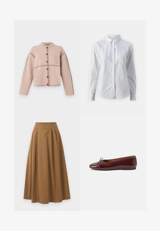 Beige knitted cardigan with long sleeves, black stitched detailing along seams, and six black buttons down the front.; White button-up shirt made of smooth cotton, featuring a classic collar, long sleeves, and a curved hem. Buttons are small and white.; Brown cotton A-line skirt with a high waist, featuring pleats down the front and a smooth texture. Hem finishes are clean and simple.; Burgundy patent leather ballet flat with a rounded toe, small bow accent at the front, and a low, black rubber sole. Smooth texture.