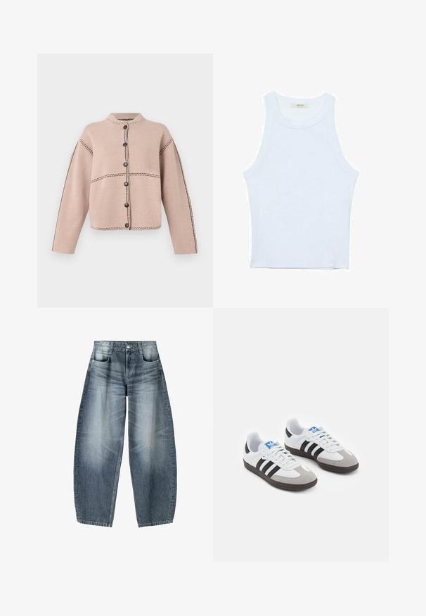 Béžový pletený kardigán s dlhými rukávmi, čierne šité detaily pozdĺž švov a šesť čiernych gombíkov na prednej strane.; Biele tielko, rebrový textúra, okrúhly výstrih, bezrukávový dizajn, priliehavý strih, diskrétne logo na štítku vo vnútri oblasti goliera.; Džínsy s širokými nohavicami vyrobené z svetlomodrého denim materiálu s opotrebovaním, s piatimi vreckami, zapínaním na gombík a minimálnym prešívaním.; Športové topánky s bielym koženým zvrškom, šedou semišovou špičkou a tromi čiernymi pruhmi. Obsahujú modré logo na jazyku a štruktúrovanú gumovú podrážku.