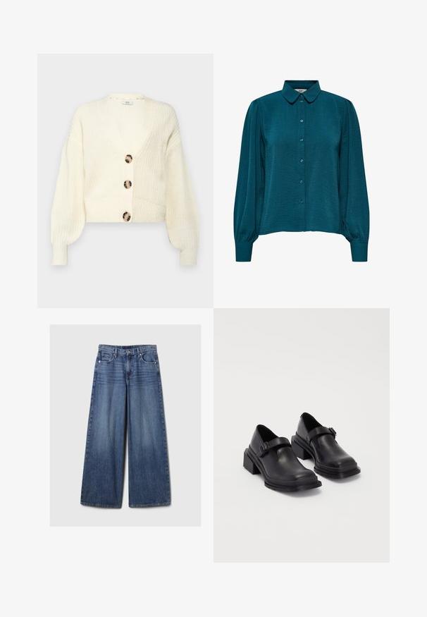 Laišķa adīta jaciņa ar dziļu V veida kaklu, četriem lieliem, apaļiem marmora pogām un puffa piedurknēm. Īsa izmēra ar ribotām piedurknēm un apakšmalu.; Teal krāsu blūze ar apkakles izgriezumu, pogu priekšpusi un garām piedurknēm. Izgatavota no teksturēta auduma ar savelktām piedurkņu galotnēm.; Platām kājām zila denima bikses ar izbalējušu apdari, ar pogu un rāvējslēdzēju, pieciem kabatām un jostu cilpām.; Melnas ādas kurpes ar noapaļotu purngalu, plakanu zoli un siksniņu ar sprādzi. Masīvs bloku papēdis papildu stabilitātei.