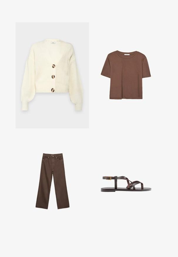 Gilet en tricot crème avec un décolleté en V profond, quatre grands boutons ronds marbrés et des manches bouffantes. Longueur courte avec des poignets et un ourlet côtelés.; T-shirt marron à manches courtes en tissu doux, avec un col rond et une coupe décontractée. Aucun motif ni accent visible.; Jean brown à jambes larges en denim, doté d'une taille haute, de poches avant et d'une fermeture à bouton classique. Texture lisse avec des coutures subtiles.; Sandale en cuir marron avec des brides entrecroisées, une fermeture à boucle à la cheville et une semelle plate avec des détails de couture minimaux.