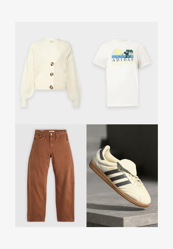 Cream knit cardigan with a deep V-neck, four large, round marbled buttons, and puffed sleeves. Cropped length with ribbed cuffs and hem.; White cotton t-shirt featuring a graphic design with a sun, palm trees, and water. "ADIDAS Sports Club" printed in green and yellow.; Rust brown straight-leg jeans with front and back pockets, metal rivets, button closure, and belt loops, laid flat on a white background.; Cream leather sneaker with three dark stripes, a brown gum outsole, and a rounded toe. Features a foldable tongue labeled "SAMBA."