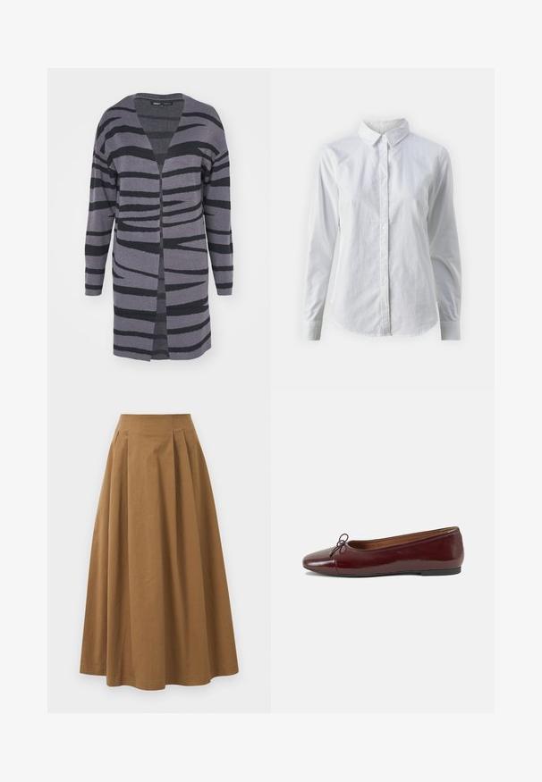 Langer, offen-front Cardigan in Grautönen mit schwarzen abstrakten Streifen. Hergestellt aus weichem Material, mit lockerer Passform und gesenkten Schultern.; Weißes Hemd mit Knöpfen, aus glattem Baumwollstoff, mit klassischem Kragen, langen Ärmeln und abgerundetem Saum. Die Knöpfe sind klein und weiß.; Brauner Baumwoll-A-Linien-Rock mit hoher Taille, der vorne Falten aufweist und eine glatte Textur hat. Der Saum ist sauber und einfach verarbeitet.; Burgunderfarbenes, lackiertes Ballettschuh mit abgerundetem Zehenbereich, kleiner Schleifenakzent vorne und einer niedrigen, schwarzen Gummisohle. Glatte Textur.