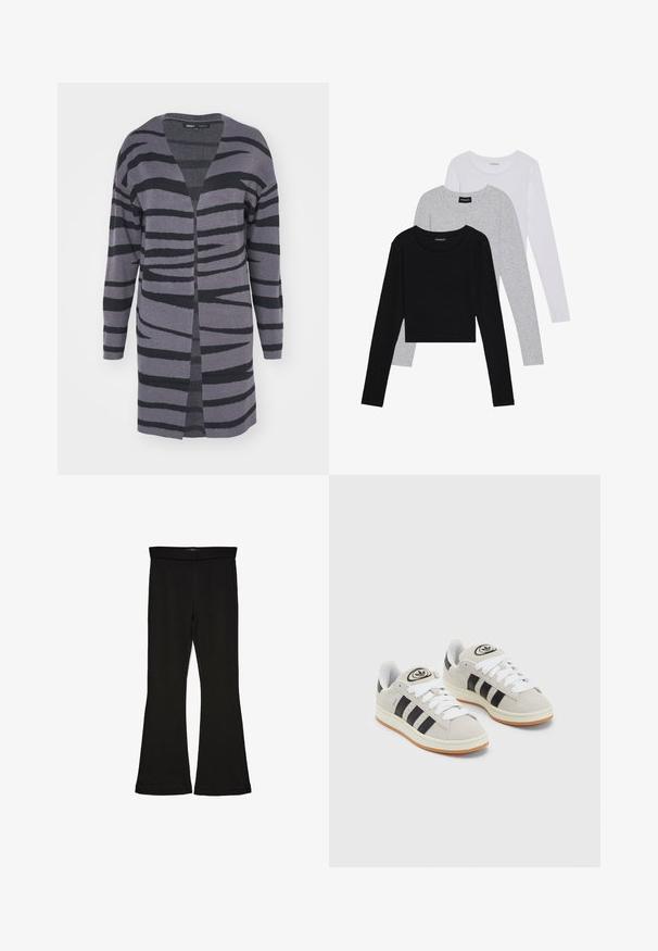 Długi kardigan z otwartym przodem w odcieniach szarości z czarnymi abstrakcyjnymi paskami. Wykonany z miękkiego materiału, o luźnym kroju i opadających ramionach.; Trzy bluzki z długim rękawem ułożone jedna na drugiej: czarna, szara i biała. Każda z okrągłym dekoltem i skróconym fasonem, wykonana z gładkiego, lekkiego materiału.; Czarne legginsy w stylu dzwonów wykonane z elastycznej tkaniny. Posiadają szeroki pas i gładką teksturę, z dopasowanym krojem, który rozszerza się ku dołowi.; Szare zamszowe trampki z białymi sznurówkami, czarnymi paskami i białą gumową podeszwą. Posiadają okrągłe logo na języku oraz gumową podeszwę.