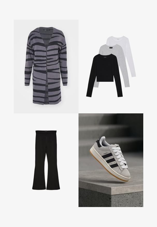Lange, open voorkardigan in grijstinten met zwarte abstracte strepen. Gemaakt van zacht materiaal met een ontspannen pasvorm en verlaagde schouders.; Drie langmouwige tops gestapeld: zwart, grijs en wit. Elke top heeft een ronde halslijn en een cropped ontwerp van soepel, lichtgewicht materiaal.; Zwarte flare leggings gemaakt van rekbaar materiaal. Beschikt over een brede tailleband en een zachte textuur, met een getailleerd silhouet dat uitloopt bij de zoom.; adidas Originals CAMPUS 00S W - Sneakers laag - crystal white/core black/off white