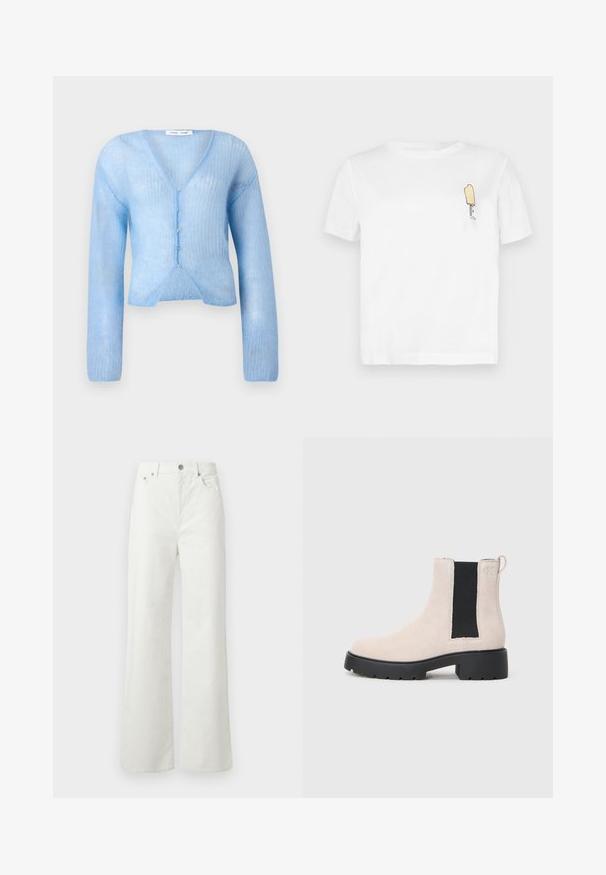 Lyseblå, langermet cardigan i et gjennomsiktig, strukturert strikket materiale. Har V-hals og knapper nedover fronten, med et cropped design.; Hvit bomull T-skjorte med korte ermer, prydet med en minimalistisk, brodert gul iskremgrafikk på venstre brystområde.; Samsøe Samsøe SHELLY - Jeans relaxed fit - clear cream; Beige semsket Chelsea-støvel med svart elastisk sidepanel, kraftig svart såle og trekkflik ved ankelen.