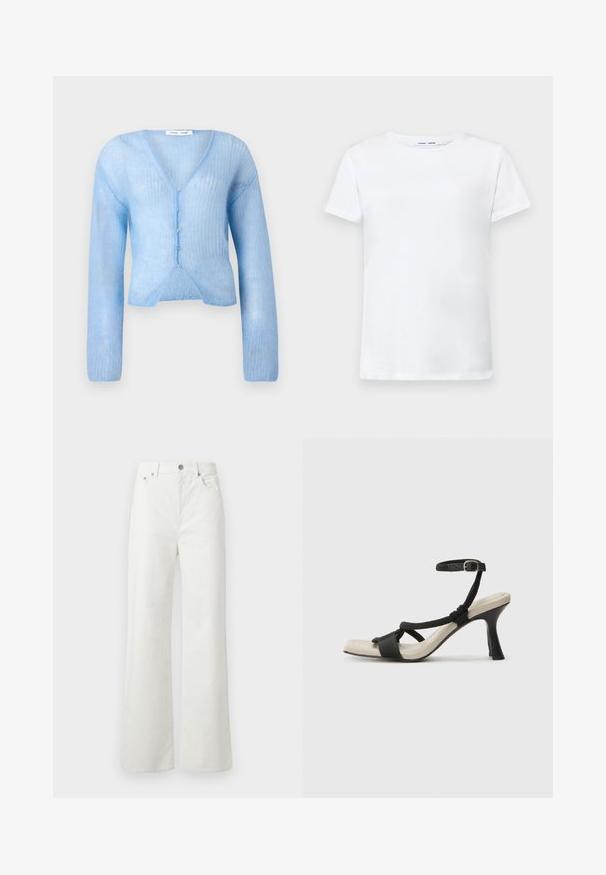 Světle modrý, dlouhý svetr s dlouhým rukávem z průhledného, texturovaného úpletu. Má V-výstřih a knoflíky vpředu, s krátkým střihem.; Bílá krátká tričko s krátkým rukávem vyrobené z bavlny s kruhovým výstřihem. Hladká textura a rovný střih, bez vzorů nebo akcentů.; Samsøe Samsøe SHELLY - Džíny Relaxed Fit - clear cream; Černé sandály na podpatku s pleteným designem pásku, čtveratou špičkou a nastavitelným páskem kolem kotníku. Světle béžová stélka s lesklým černým podpatkem.