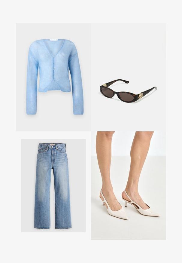 Light blue, long-sleeve cardigan in a sheer, textured knit. Features a V-neck and buttons down the front, with a cropped design.; White sleeveless top with adjustable straps, fitted design, smooth fabric texture, and a round neckline. No patterns or hardware details.; Light blue denim wide-leg jeans with a high waist, faded areas, five pockets, and contrast stitching. Classic button and zipper closure.; Beige patent leather slingback heels with a pointed toe and 5 cm heel, featuring cut-out sides and a thin ankle strap.; Tortoiseshell sunglasses with elongated oval lenses, brown tint, gold logo accents on temples, and sleek black arms.