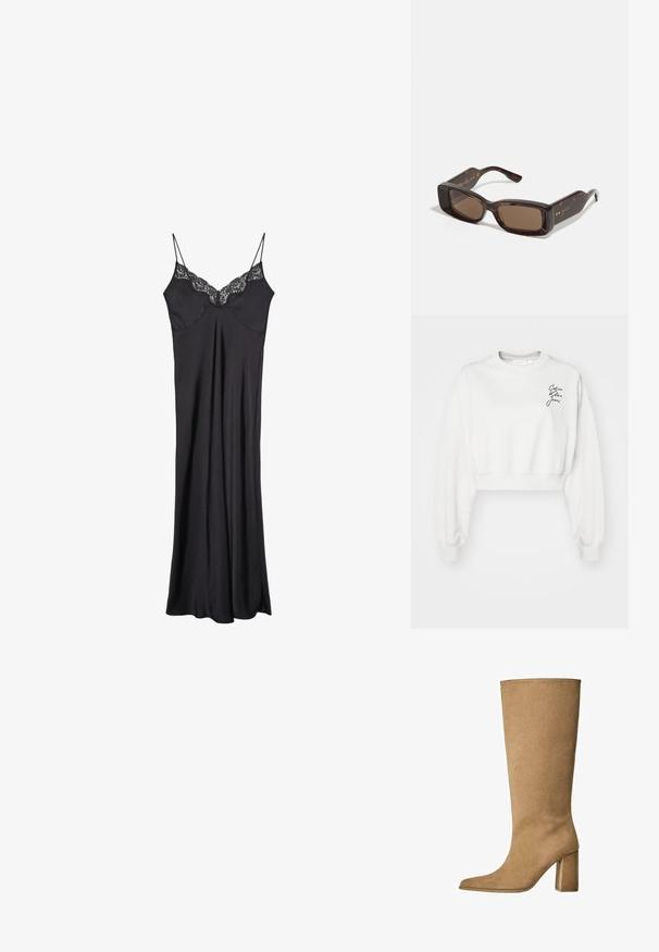Hvid cropped sweatshirt med lange ærmer, ribbede manchetter og rund halsudskæring. Har et sort skriftlogo på venstre brystområde.; Sort satin slipkjole med justerbare spaghetti-stropper og en blondekant langs udskæringen, med en flydende og glat struktur.; Tan ruskinds knæhøje støvler med blokhæle, der har en spids tå og en glat overflade. Minimalistisk design uden udsmykninger.; Gucci solbriller med rektangulære brune linser, ramme i skildpaddeacetat og guldlogo-detaljer på stængerne.
