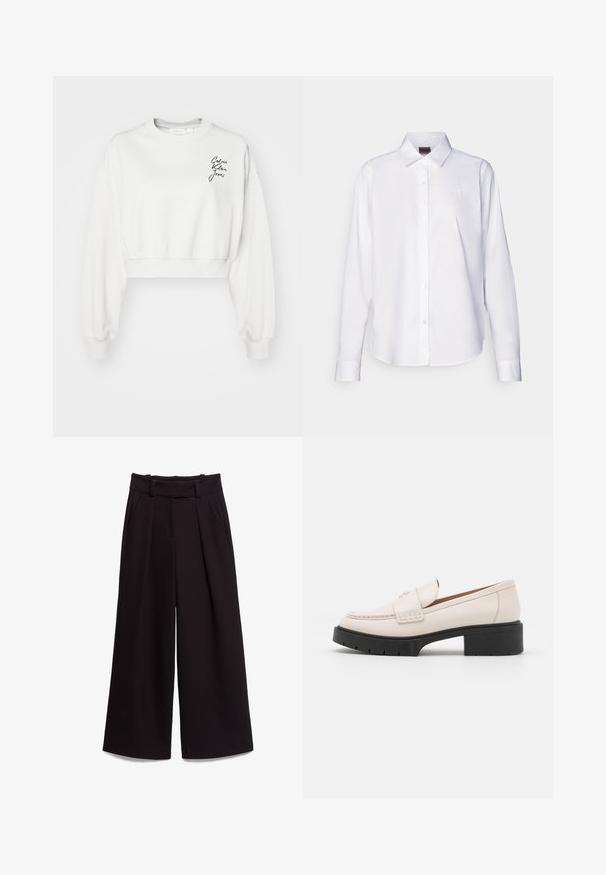 Balts īss krekls ar garām piedurknēm, ribotām aprocēm un apaļu dekoltē. Uzkrītoši melns skripts logotips kreisajā krūšu daļā.; Balta garo piedurkņu krekls ar pogām, izgatavots no kokvilnas. Iekļauj klasisku apkakli un smalku zīmola izšuvumu uz krūtīm. Gluda tekstūra.; Melni platās bikses no gludas auduma, ar augstu jostasvietu, jostu cilpiņām un divām priekšējām kabatām. Piekļauta dizains piešķir faktūru.; Gai krēmkrāsas ādas loaferi ar šuvēm priekšpusē un teksturētu melnu platformas papēdi. Ir izliekts dizains un neliels pacēlums.