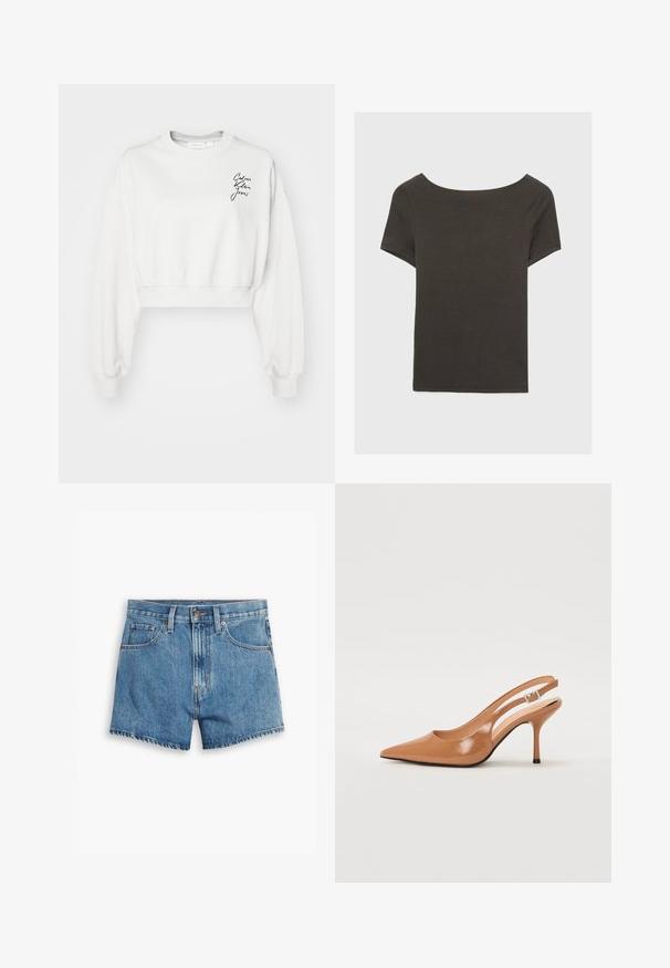 Sweatshirt blanc court à manches longues, avec des poignets côtelés et un col rond. Présente un logo en script noir sur la zone de la poitrine gauche.; Haut à manches courtes gris foncé avec un col bateau. Fabriqué en tissu côtelé, il présente une coupe décontractée et un ourlet propre. Design simple, sans motifs.; Shorts en denim bleu clair, comportant cinq poches, un zip et un bouton de fermeture. L'ourlet est effiloché, avec une coupe décontractée.; Escarpin à talon slingback à bout pointu en matériau beige lisse et brillant. Présente un design de découpes courbées et un talon aiguille fin. Détail de boucle en argent.