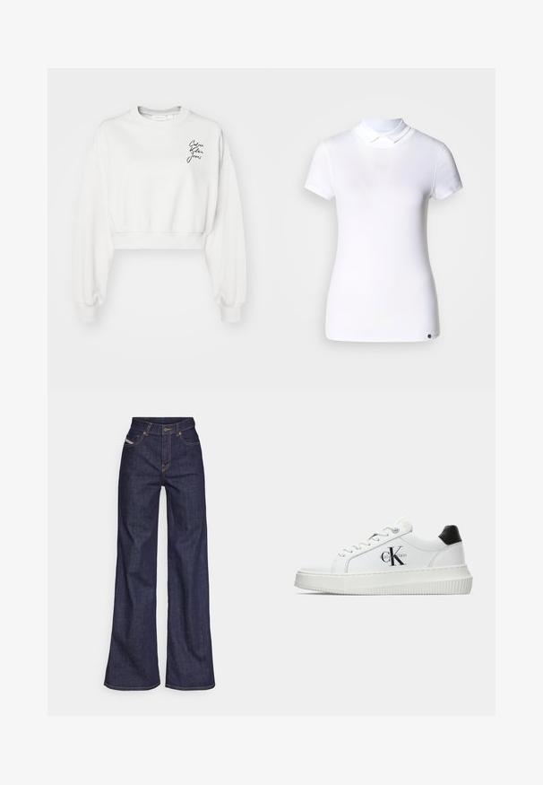 Bílá zkrácená mikina s dlouhými rukávy, žebrovanými manžetami a kulatým výstřihem. Na levé straně hrudi se nachází černé logo napsané písmem.; Bílé bavlněné polokošile s krátkým rukávem a klasickým límcem; obsahuje malé logo na dolní levé straně. Hladká textura.; Tmavě modré džíny s širokým střihem vyrobené z denimové tkaniny, s vysokým pasem, oranžovým prošíváním, pěti kapsami a zapínáním na knoflík.; Bílé nízké tenisky s černým patním tabem, platformovou podrážkou, tkaničkami a logem Calvin Klein "CK" na boku.