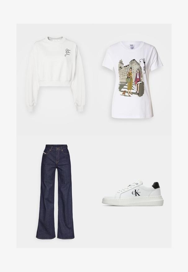 White cropped sweatshirt with long sleeves, ribbed cuffs, and a crew neckline. Features a black script logo on the left chest area.; White cotton T-shirt featuring a printed illustration of two women in urban fashion styles with a dog on a crosswalk and city buildings.; Dark blue wide-leg jeans in denim fabric with a high waist, featuring orange stitching, five-pocket design, and a button closure.; White low-top sneaker with black heel tab, platform sole, laces, and Calvin Klein "CK" logo on the side.