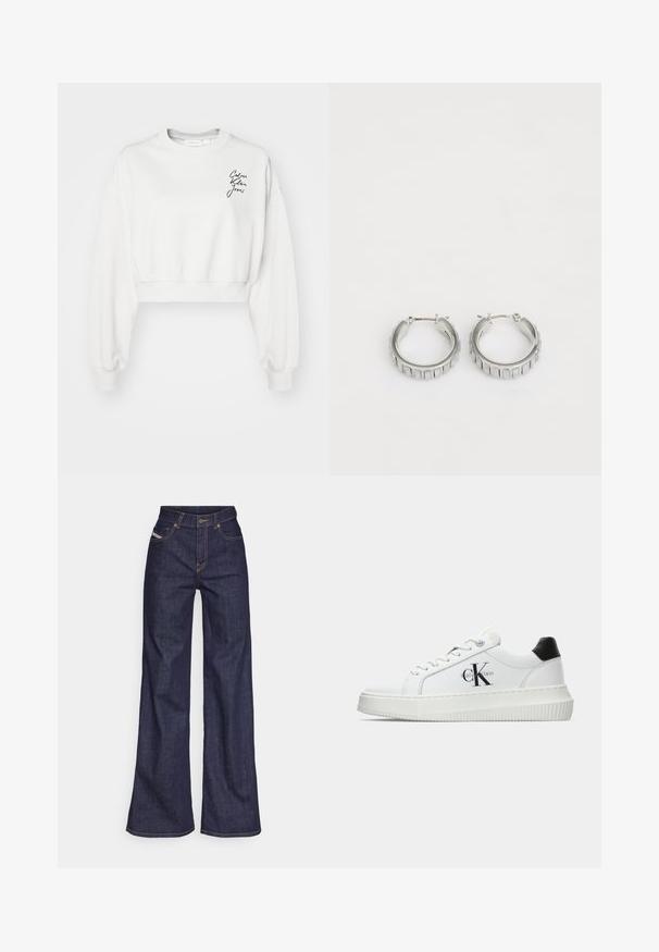 Fehér, rövidített kapucnis pulóver hosszú ujjal, bordázott mandzsettákkal és kerek nyakkivágással. A bal mellkas területén fekete írásos logó található.; Fehér pamut póló, amelyen nyomtatott illusztráció látható két nő városi divatstílusban, egy kutyával a zebrán és városi épületekkel a háttérben.; Sötétkék, bő szárú farmernadrág, magas derékkal, narancssárga varrással, öt zsebes kialakítással és gombos zárással.; Fehér alacsony szárú edzőcipő fekete saroktabbal, platform talppal, fűzőkkel és Calvin Klein "CK" logóval az oldalán.; Ezüst fülbevalók, texturált mintával, függőleges barázdákkal. Kerek forma, biztos záródással. Sima felület.