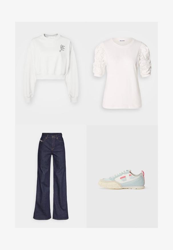 Felpa bianca a maniche lunghe, corta in vita, con polsini a coste e scollo tondo. Presenta un logo in corsivo nero nella zona sinistra del petto.; T-shirt bianca con maniche corte a sbuffo in pizzo. Collo rotondo, texture morbida e vestibilità leggermente ampia. Etichetta del marchio visibile all'interno.; Jeans a gamba larga di denim blu scuro con vita alta, caratterizzati da cuciture arancioni, design a cinque tasche e chiusura con bottone.; Sneaker con un design blu chiaro e bianco, realizzata in suede testurizzato, con accenti rosa a contrasto e una robusta suola color crema.