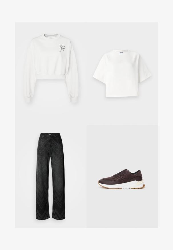 Baltas apkirptas sportinis džemperis su ilgomis rankovėmis, raukšlėmis ant riešų ir apvaliu kaklu. Kairėje krūtinės pusėje yra juodas logotipas raštu.; Balta per didelė T-marškiniai su trumpomis raglano rankovėmis, pagaminti iš minkštos medžiagos. Yra subtilus logotipas ant krūtinės ir apvalus iškirpimas.; Plačios juodos džinsinės kelnės su zigzaguojančiu tekstūros raštu. Pagamintos iš džinsinio audinio, su sagų uždarymu ir dviem priekinėmis kišenėmis.; Tamsiai rudos sportbačiai su juodu apvadu, iškilusiu logotipu šone, balta stora padu ir guminėmis apatinėmis dalimis ant vienspalvio fono.