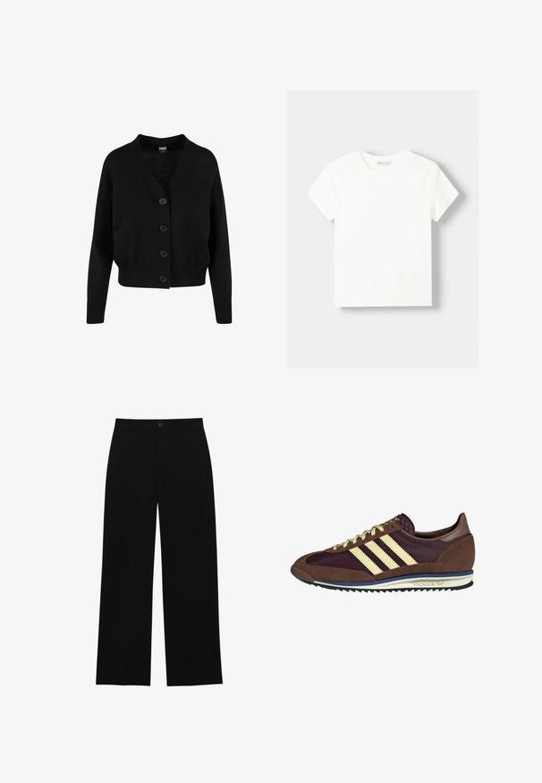 Črna pletena jopica z V-izrezom, petimi sprednjimi gumbi, rebrastim robom in manšetami ter skrajšanim dizajnom. Mehka tekstura s sproščenim slogom.; Bela bombažna majica s krojem in kratkimi rokavi. Preprost dizajn, gladka tekstura, brez vzorcev ali dodatkov.; Črne hlače z visokim pasom in širokimi nogavicami, izdelane iz gladkega materiala, z ravnim sprednjim delom, zapiranjem na gumb in brez vidnih žepov.; Rjavi in rdeče-burgundske teniske iz usnja in mrežastega materiala, ki imajo tri smetane stripe, teksturirano blago na jeziku in gumijast podplat.