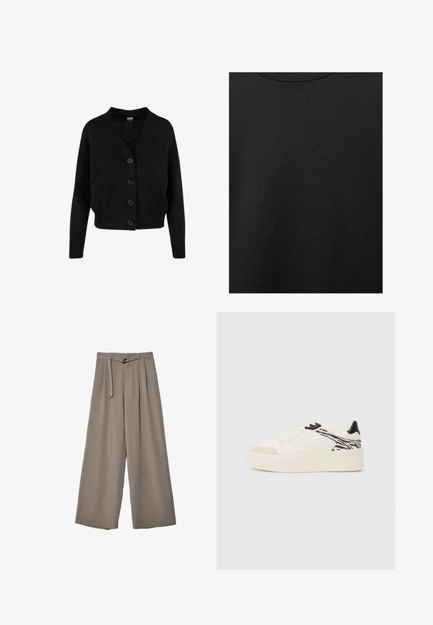 Musta neulecardigan, jossa on V-pääntie, viisi etupainiketta, ribbaushelma ja -hihansuut sekä lyhyt malli. Pehmeä rakenne ja rento tyyli.; Musta puuvillakangas, jossa on sileä pinta ja pyöreä pääntie, ominaisuutena hienovarainen ja tasainen rakennekuvio. Ei näkyviä logoja tai korostuksia.; Suurille lahkeille housuille pehmeässä, hillityssä harmaassa kankaassa, jossa on vyötäröllä vyö ja lisää muotoilun yksityiskohtia kuploissa. Sileä rakenne, ei kuvioita.; Even&Odd Matalavartiset tennarit - white/black