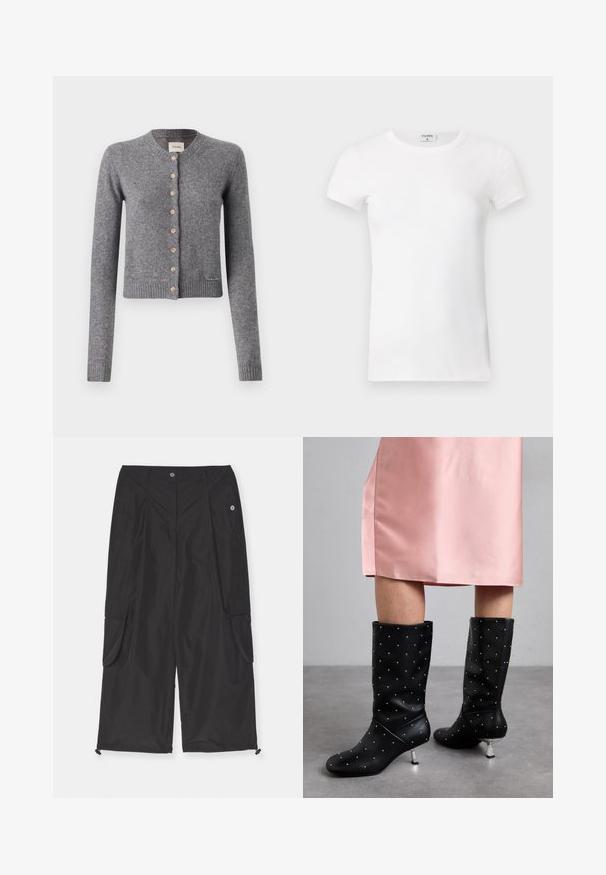 Cardigã cinza feito de material de malha suave, com decote redondo, mangas longas e botões de madeira na parte da frente. Barra e punhos canelados.; T-shirt branco de manga curta com gola redonda. O tecido parece suave com uma silhueta justa. Etiqueta de marca visível na gola.; Calças cargo pretas feitas de tecido leve, com bolsos laterais, uma bainha ajustável com cordão e fecho de botão.; Botas pretas até ao joelho, feitas de um material suave, com um padrão de tachas subtil e um salto de tom prateado. Combinadas com um vestido de cetim rosa.