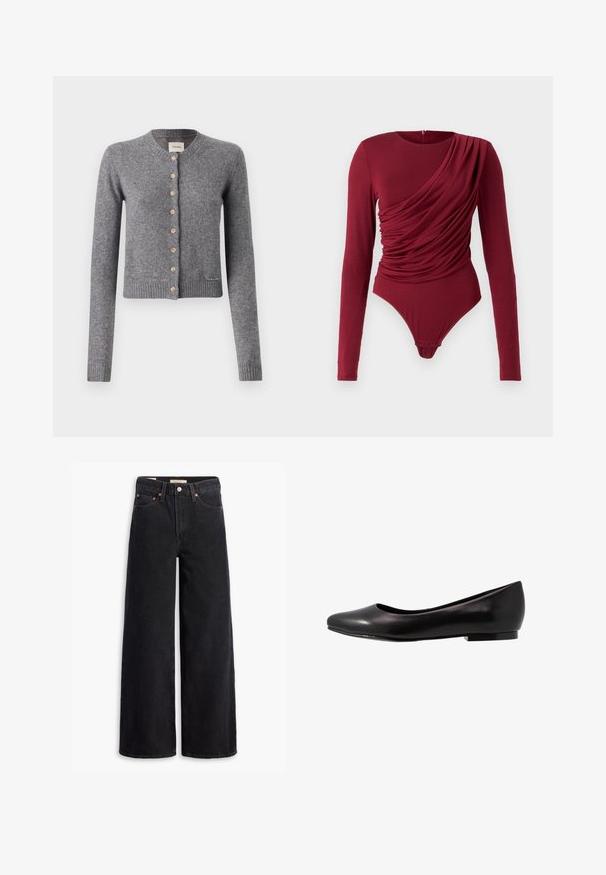 Hallus hallist kardigan pehmest kudumist, ümmarguse kaeluse, pikkade varrukate ja puidust nööpidega esiosas. Ribitud äär ja varrukatipp.; Pikendusega bodysuit tumeses punases, drapeeritud kangaga, ümmarguse kaelusega ja alumise osa nuppudega sulgemisega, valmistatud pehmest venivast materjalist.; Mustad laiad teksad, mis on valmistatud denimist, viie tasku, vase nuppe ja klassikalise nööbiga kinnitusega. Sile tekstuur ja puhas disain.; Must matte musta ballet kinga, mis on valmistatud läikivast nahast, ümarate varvaste ja madala, tasase taldadega. Sellel on sile tekstuur ja lihtne ning stiilne disain.