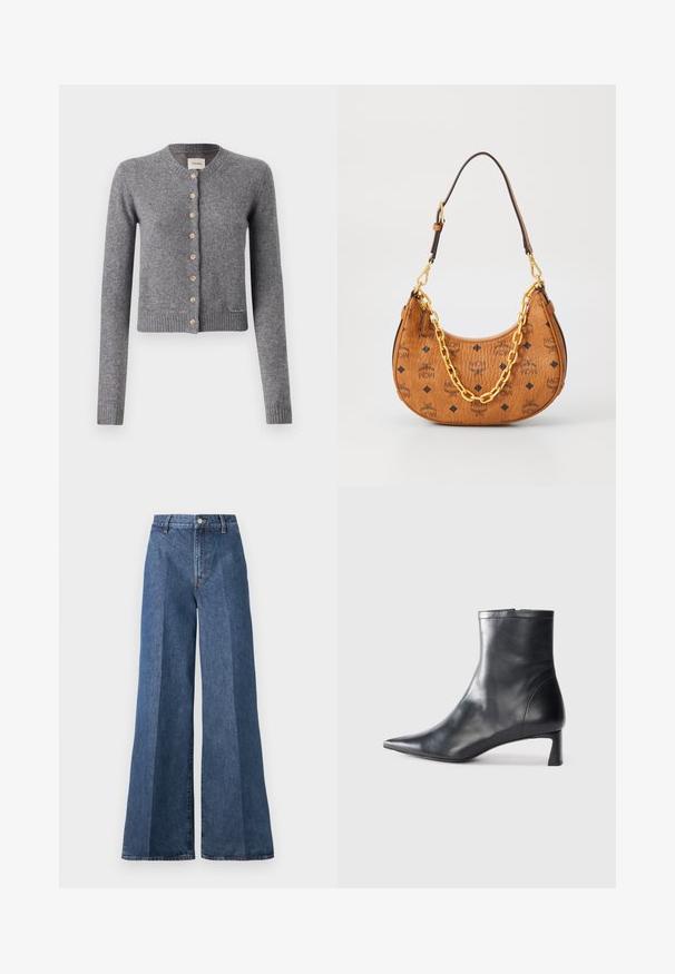 Pilkas kardiganas, pagamintas iš minkštos mezginio medžiagos, su apvalia iškirpte, ilgomis rankovėmis ir mediniais sagomis priekyje. Ribojo apykaklė ir rankogaliai.; Balta medvilnės marškinėliai trumpomis rankovėmis, apvalia iškirpte, laisvo kirpimo ir su siūtu kraštu. Etiketė matoma vidinėje iškirptės pusėje.; Plačiai kirptos mėlynos džinsinės kelnės su aukštu liemeniu, su klasikinėmis penkių kišenių detalėmis ir sagos užsegimu, pagamintos iš tekstūruotos medvilnės audinio.; Juodas odinis kulkšninis batas su smailiu pirštu ir elegantišku dizainu. Turi žemą kulną ir užtrauktuką gale. Lygi tekstūra.; Ruda odinė pusmėnulio formos rankinė su juodais MCM logotipais, auksinės grandinėlės detalėmis ir reguliuojama petneša ant balto fono.