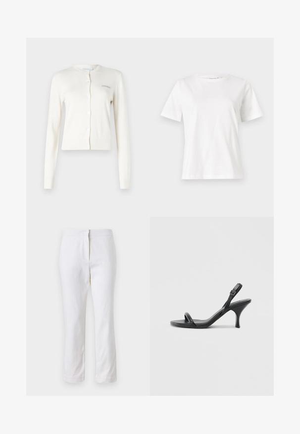 Biały kardigan, prążkowane mankiety i dół, okrągły dekolt, zapięcie na guziki, z małym szarym haftowanym napisem "2ND DAY" po lewej stronie.; Biała bawełniana koszulka z krótkim rękawem, okrągłym dekoltem i luźnym krojem. Gładka tekstura, brak wzorów lub dodatków, minimalistyczny design.; Białe bawełniane spodnie o prostym kroju nogawki, z średnim stanem, bez widocznych elementów metalowych czy wzorów. Gładka tekstura na całej powierzchni.; Czarne skórzane sandały na wysokim obcasie z cienkim, zakrzywionym obcasem i skrzyżowanym wzorem pasków. Regulowany pasek na kostkę. Gładka faktura.